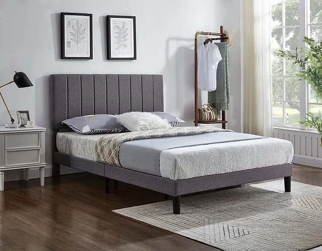 Grey Fabric Bed with Vertical Tufting