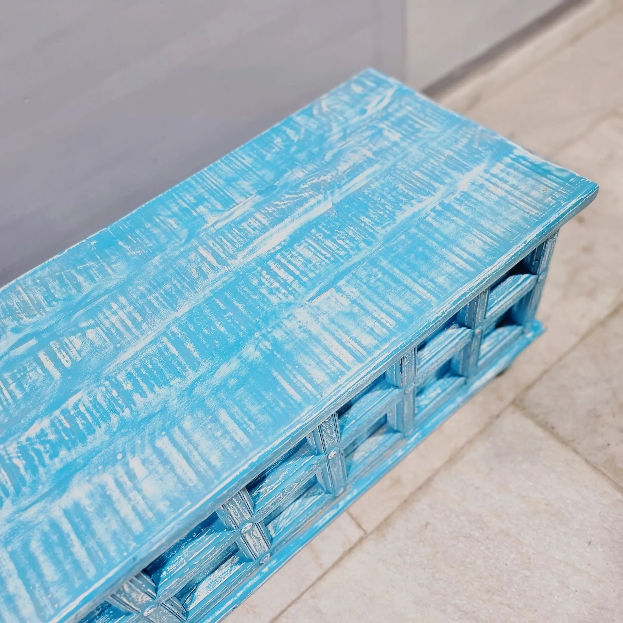 Handmade Carved Indian Furniture Solid Hard Wood Blanket Box Rustic Blue 140x45x45Cm