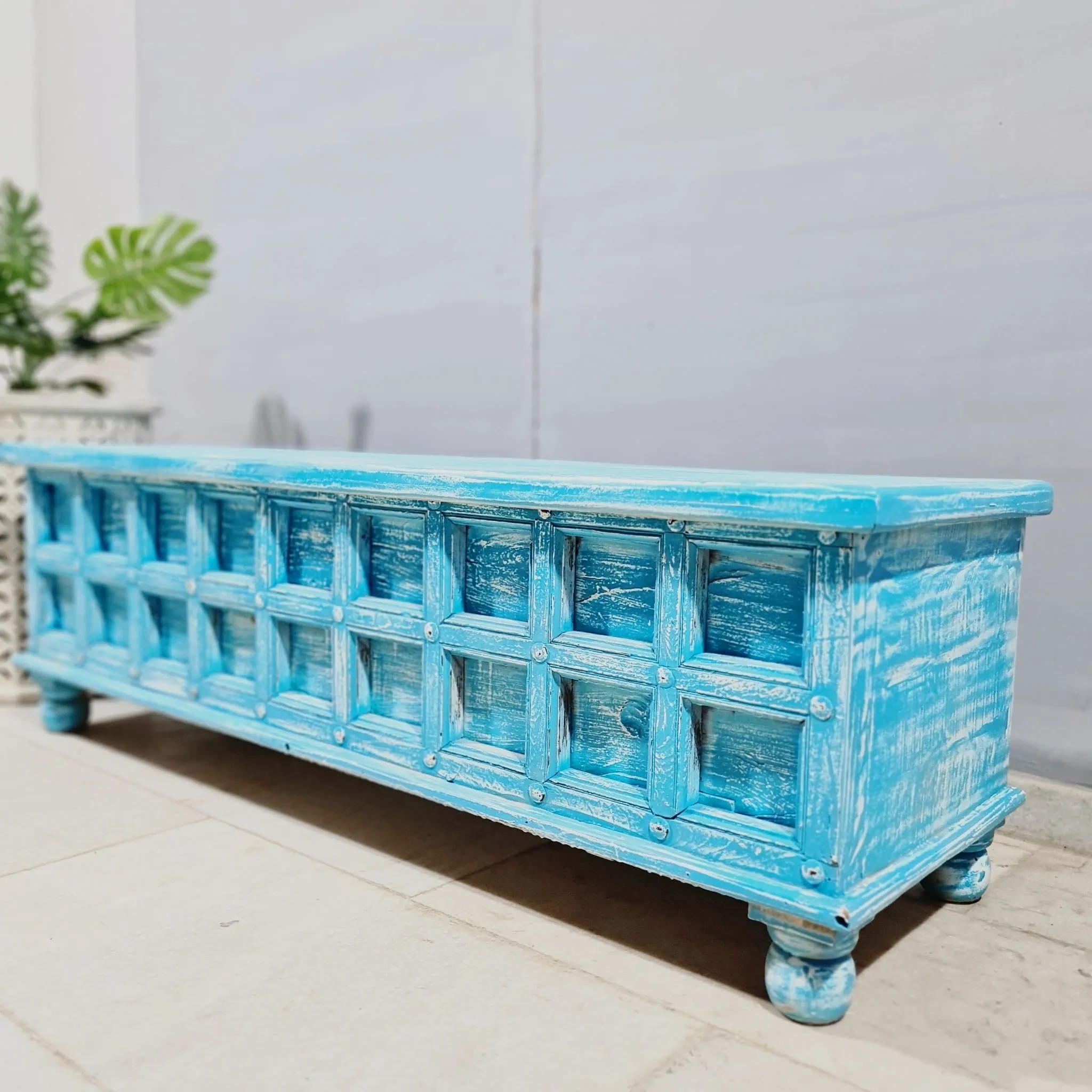 Handmade Carved Indian Furniture Solid Hard Wood Blanket Box Rustic Blue 140x45x45Cm