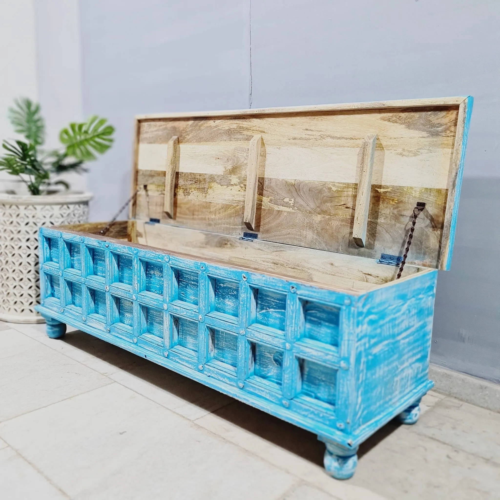 Handmade Carved Indian Furniture Solid Hard Wood Blanket Box Rustic Blue 140x45x45Cm