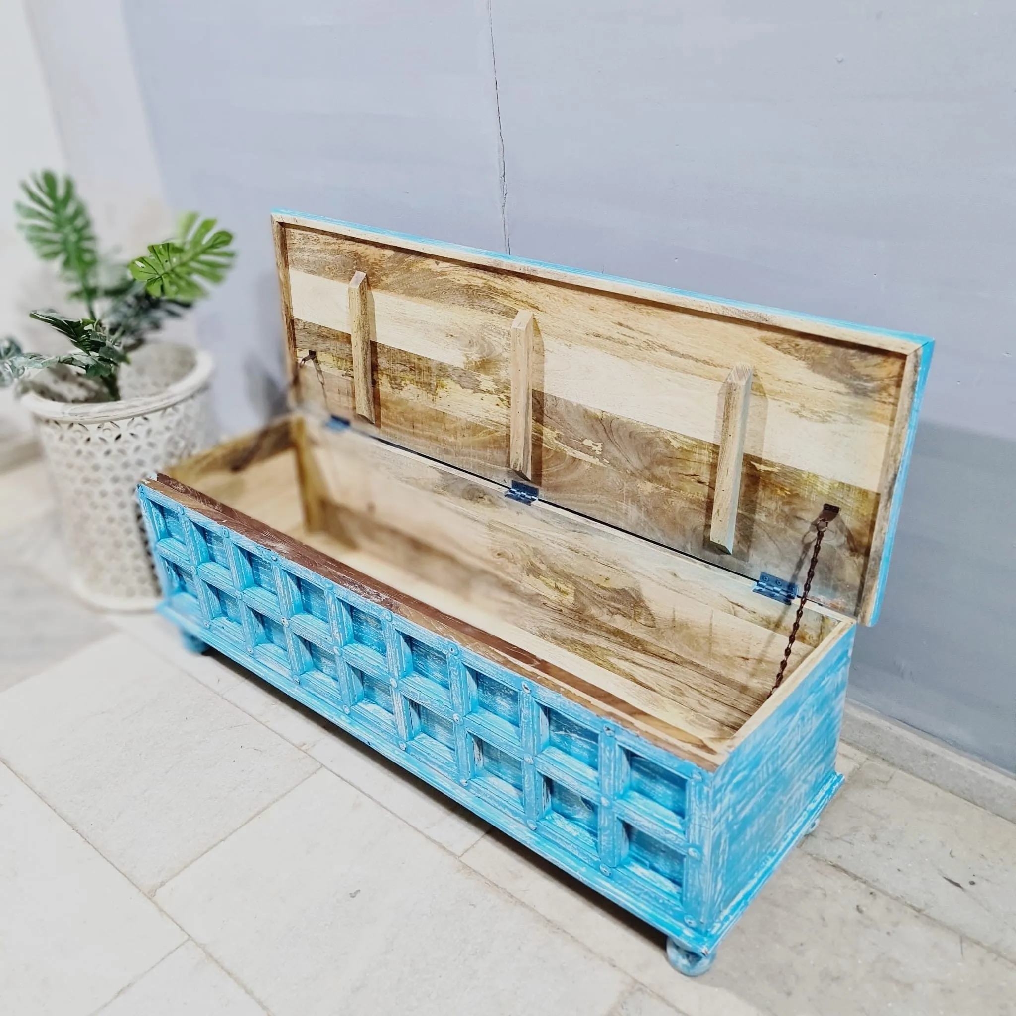 Handmade Carved Indian Furniture Solid Hard Wood Blanket Box Rustic Blue 140x45x45Cm