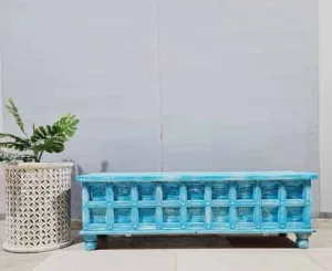 Handmade Carved Indian Furniture Solid Hard Wood Blanket Box Rustic Blue 140x45x45Cm