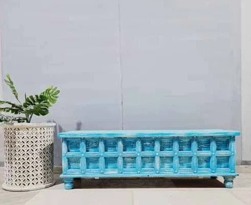 Handmade Carved Indian Furniture Solid Hard Wood Blanket Box Rustic Blue 140x45x45Cm