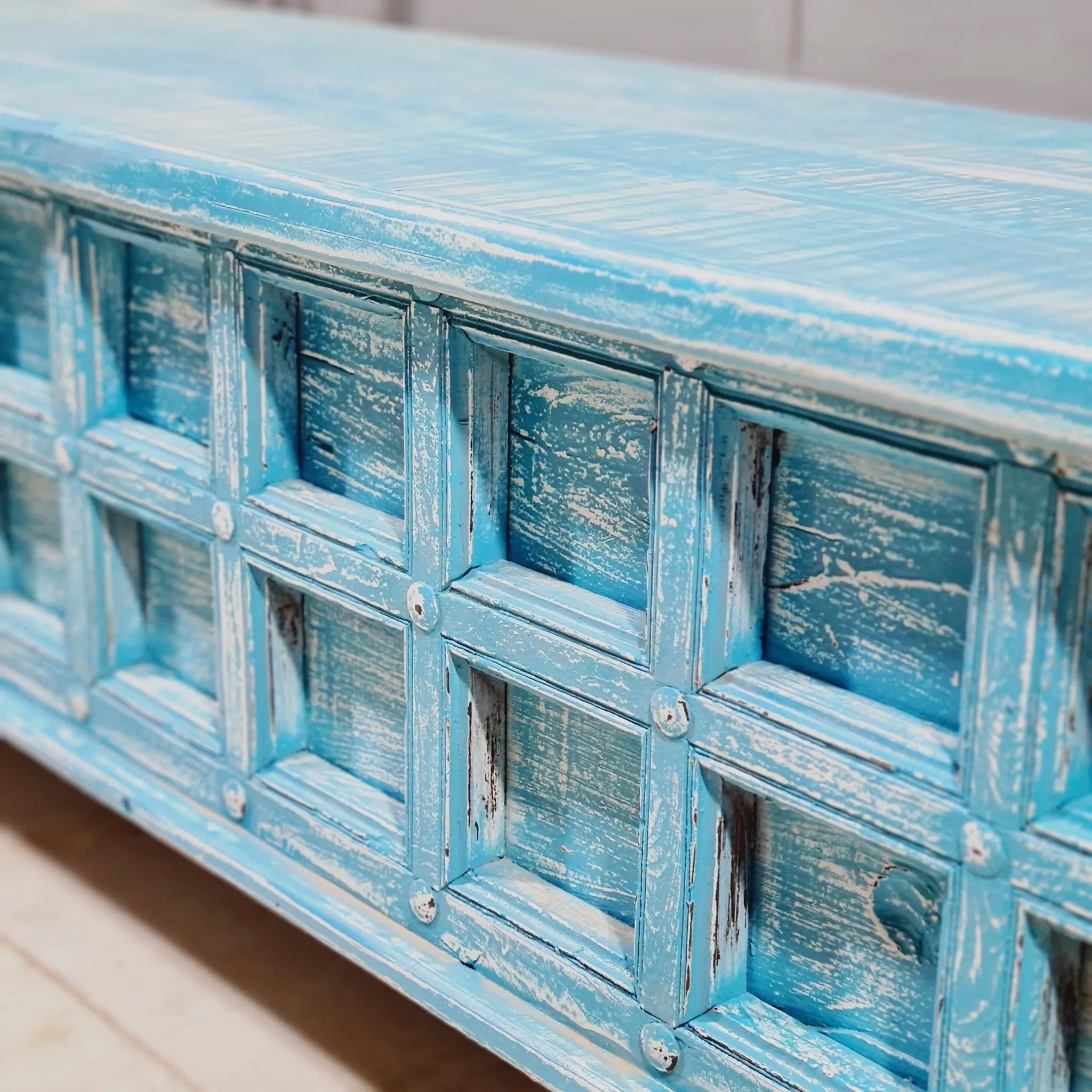 Handmade Carved Indian Furniture Solid Hard Wood Blanket Box Rustic Blue 140x45x45Cm
