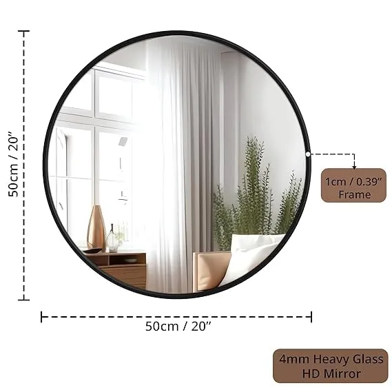 HM Home Decor Round Wall Mirror I Metal Frame I Modern Design Metal Frame I Bathroom Wash Basin, Bedroom, Drawing Room (Black Framed | Many Size) (20")