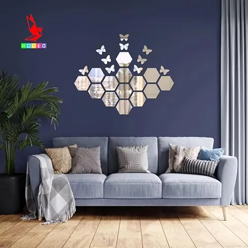 Hodec Hexagon Wall Mirror Set, Decorative Anti-Scratch Mirrors (Hexagonal, Silver)