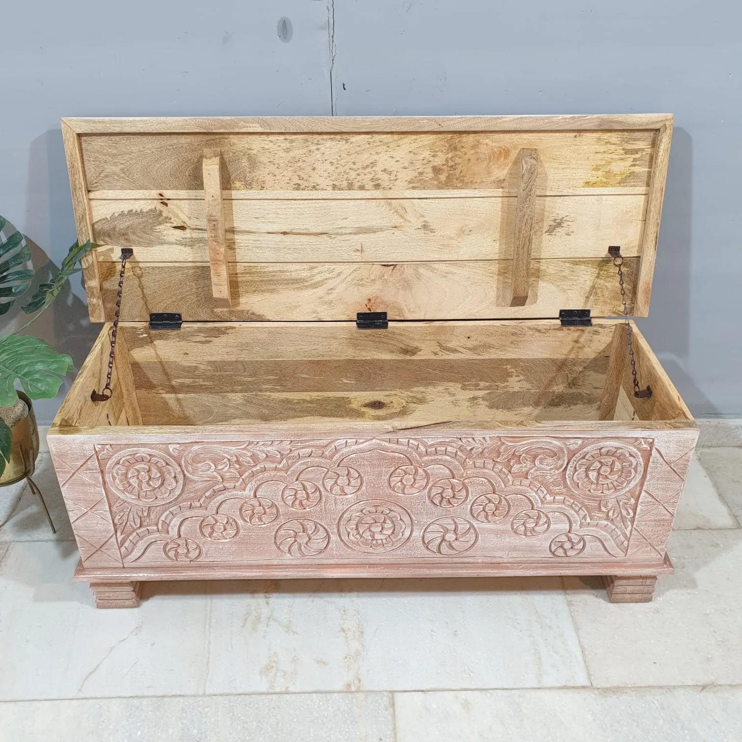 Indian Antique Tribal Hand Carved Wooden Blanket Box 115x40x45Cm