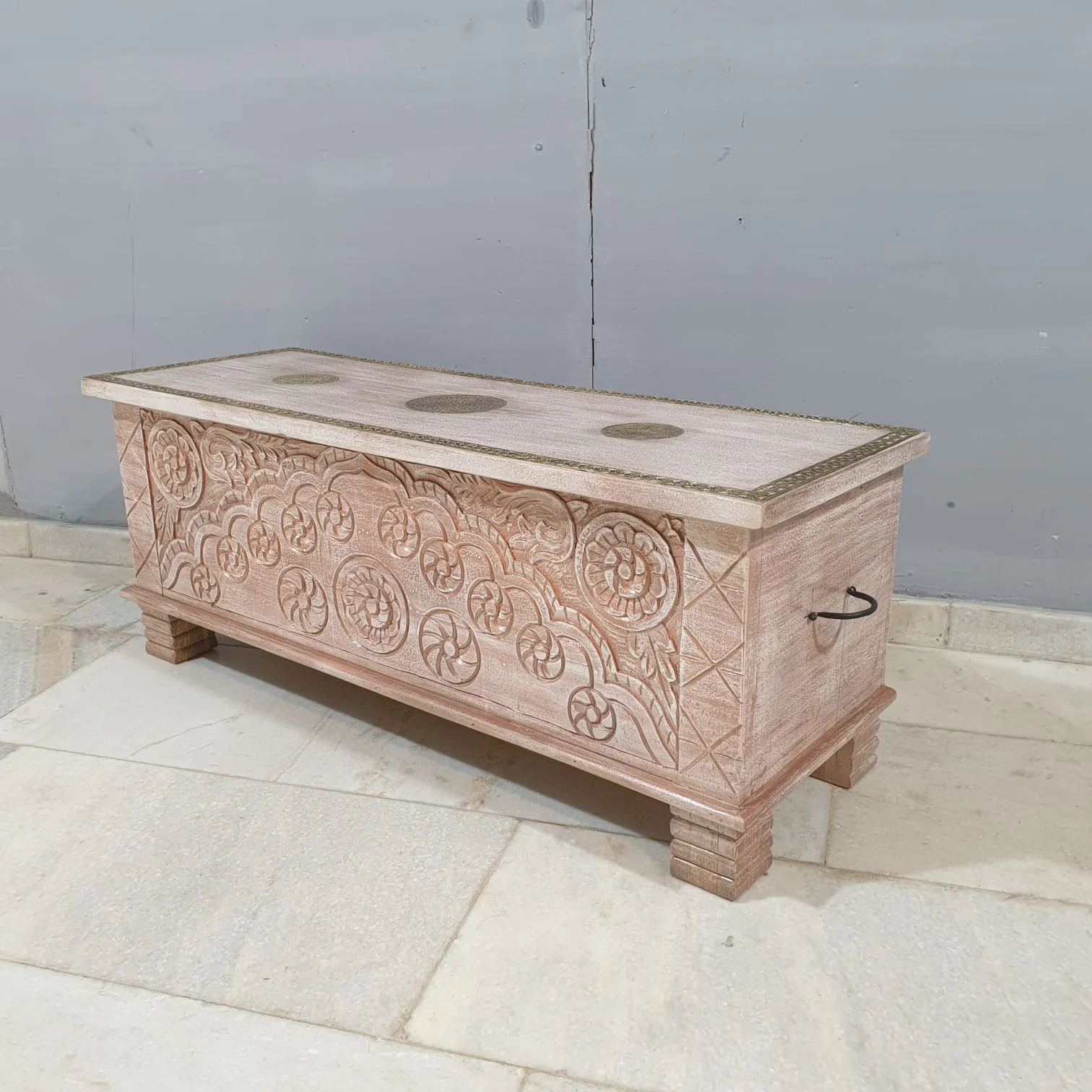 Indian Antique Tribal Hand Carved Wooden Blanket Box 115x40x45Cm