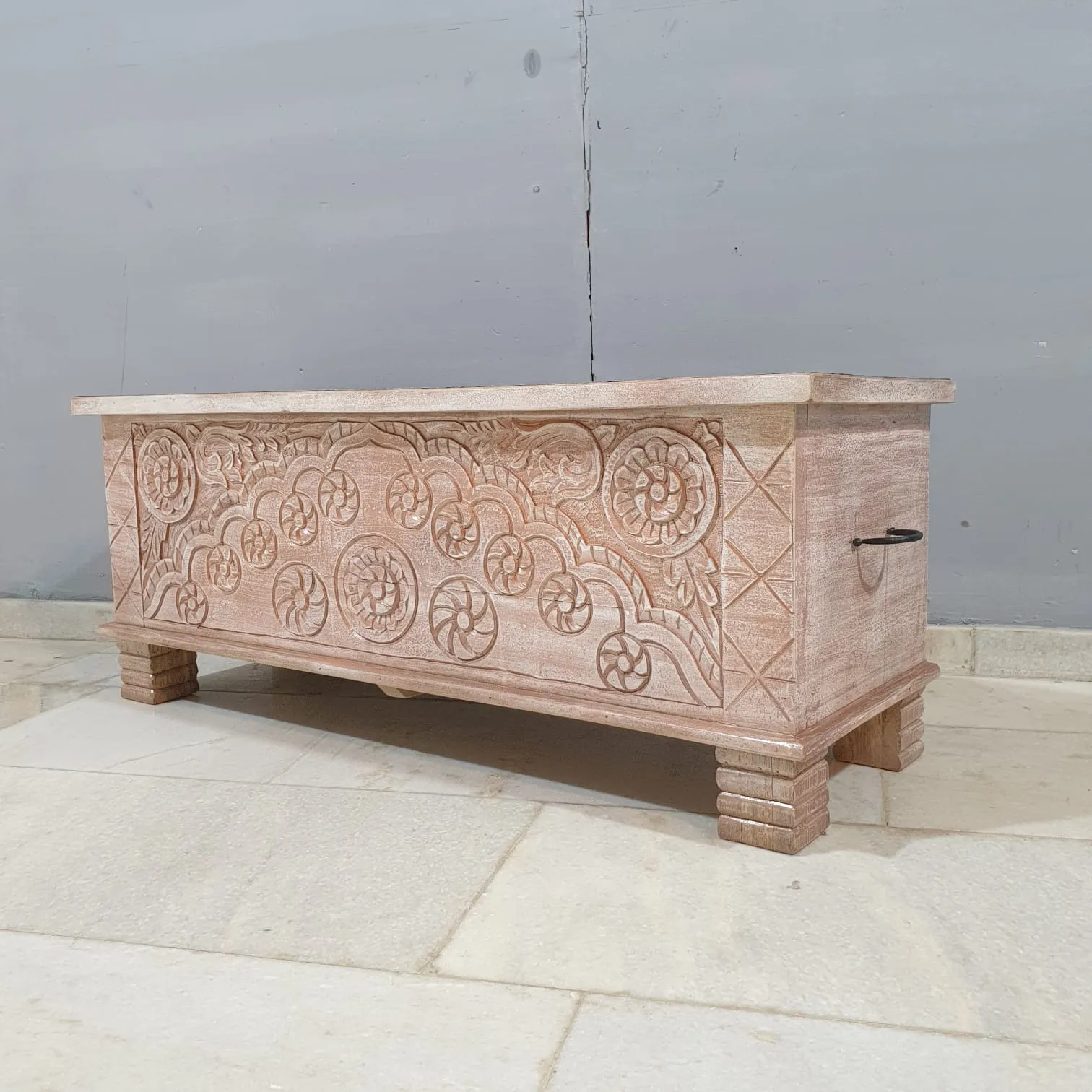 Indian Antique Tribal Hand Carved Wooden Blanket Box 115x40x45Cm