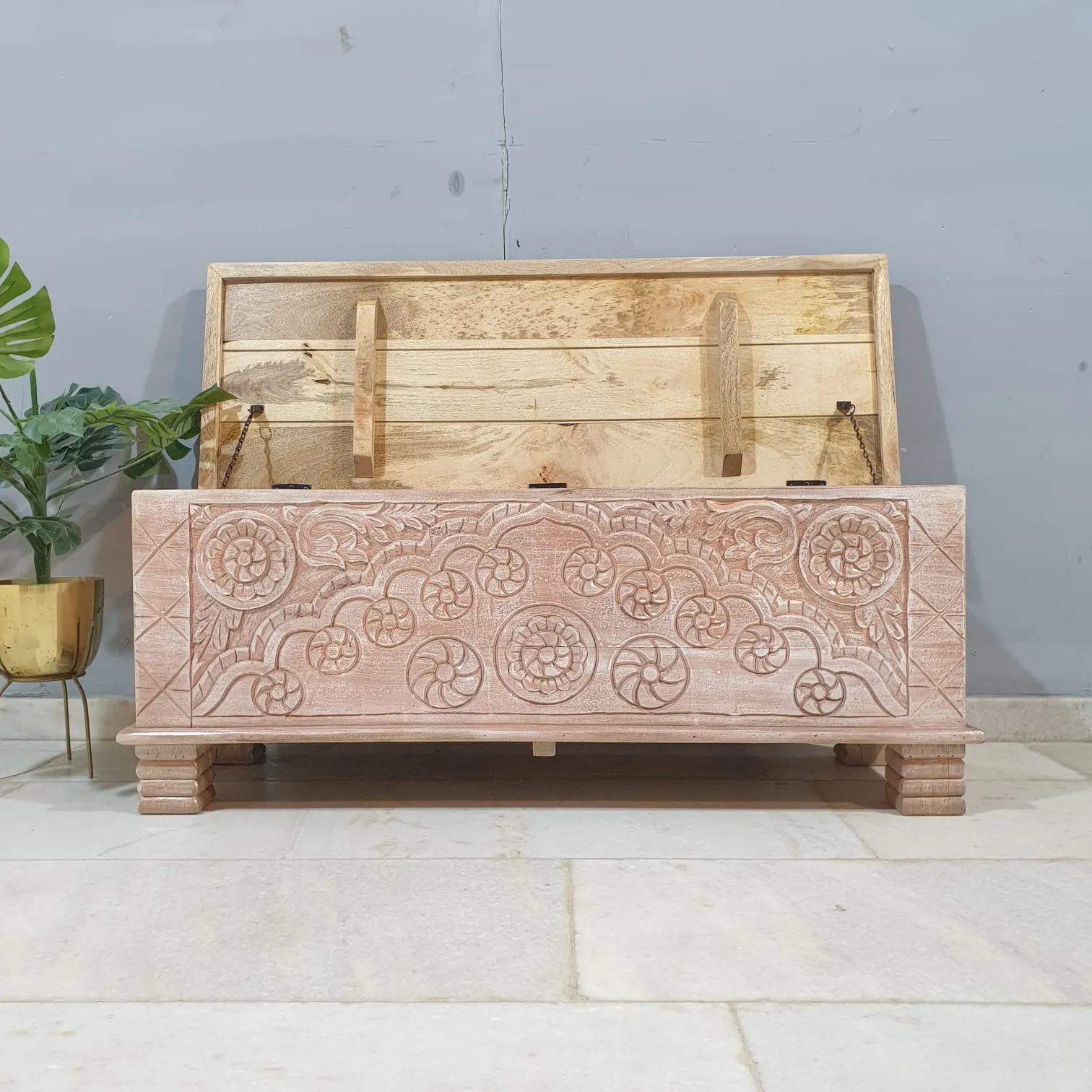 Indian Antique Tribal Hand Carved Wooden Blanket Box 115x40x45Cm