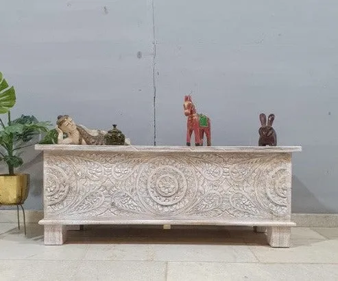 Indian Antique Tribal Hand Carved Wooden Blanket Box All White 115x40x45Cm