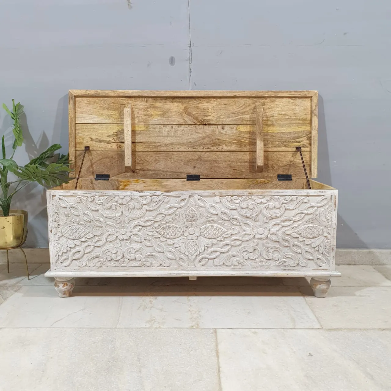 Indian Antique Tribal Hand Carved Wooden Blanket Box Whitewash 115x40x45Cm