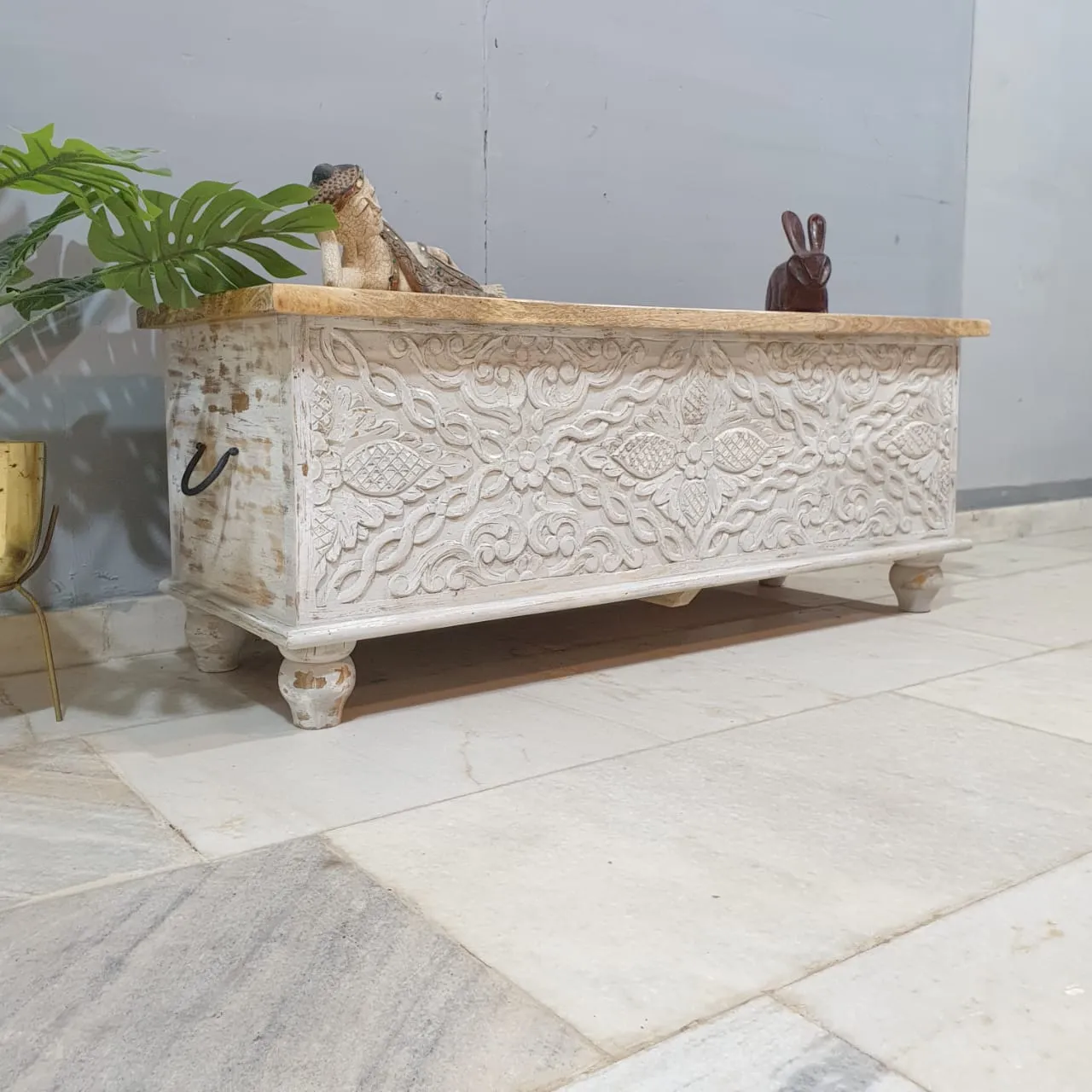 Indian Antique Tribal Hand Carved Wooden Blanket Box Whitewash 115x40x45Cm