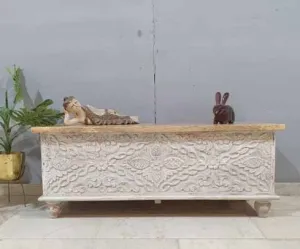 Indian Antique Tribal Hand Carved Wooden Blanket Box Whitewash 115x40x45Cm