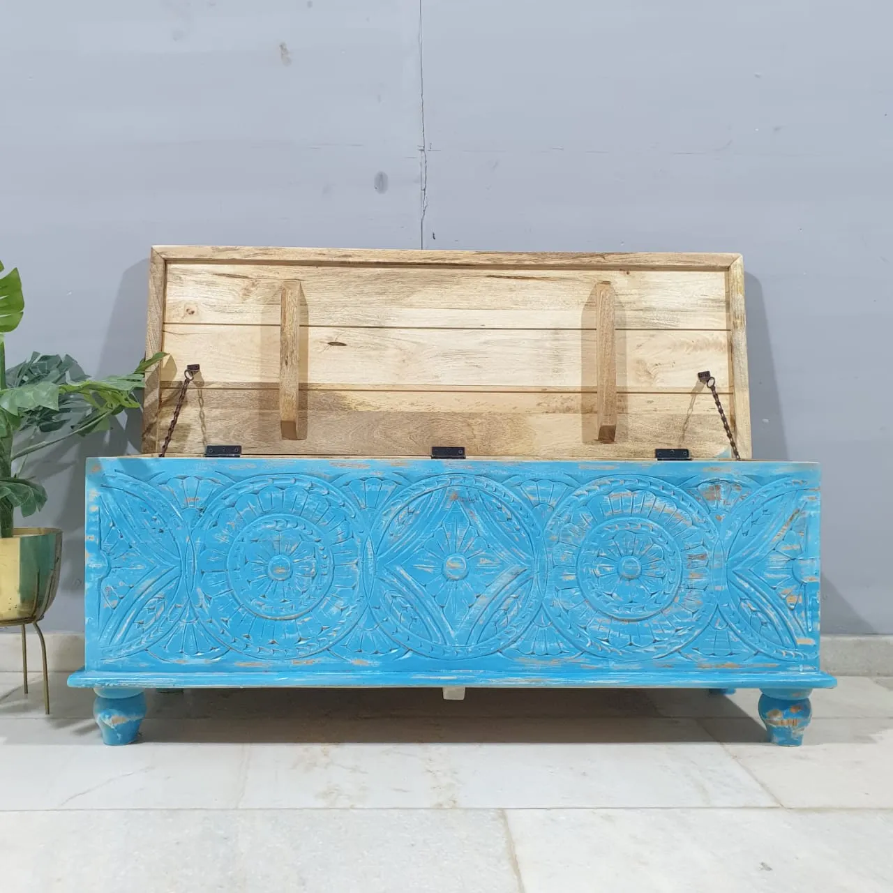 Indian Handmade Carved Wooden Trunk Blanket Box All Blue With Natural Top 115x40x45Cm