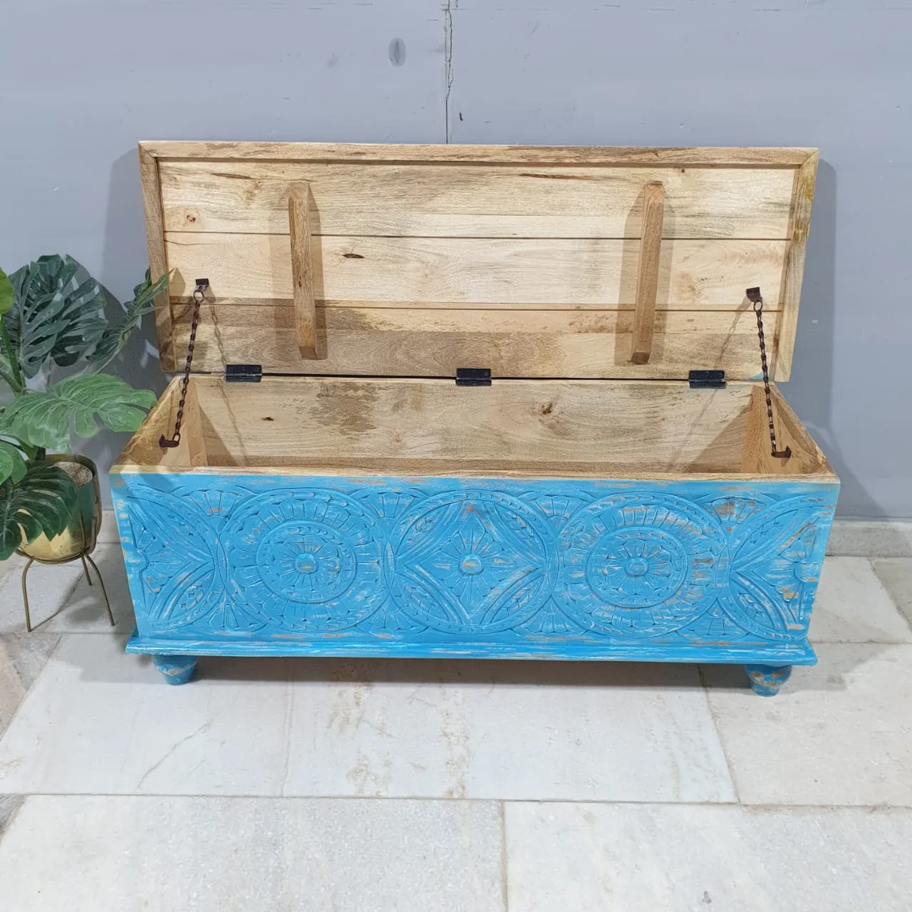 Indian Handmade Carved Wooden Trunk Blanket Box All Blue With Natural Top 115x40x45Cm
