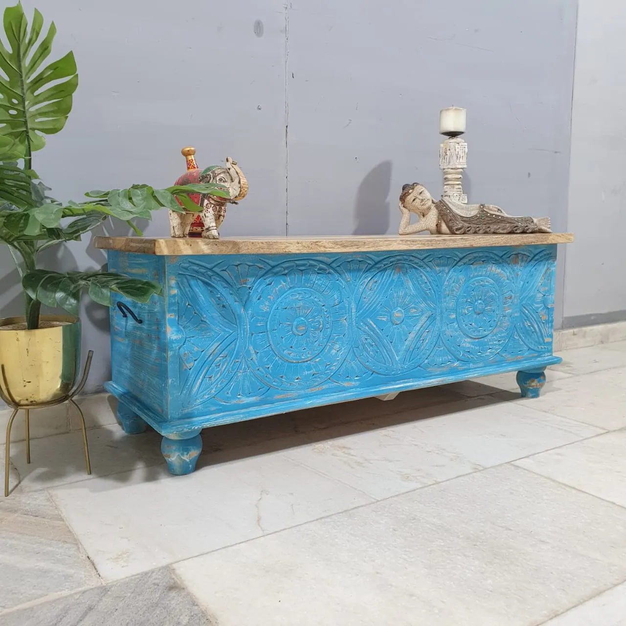 Indian Handmade Carved Wooden Trunk Blanket Box All Blue With Natural Top 115x40x45Cm