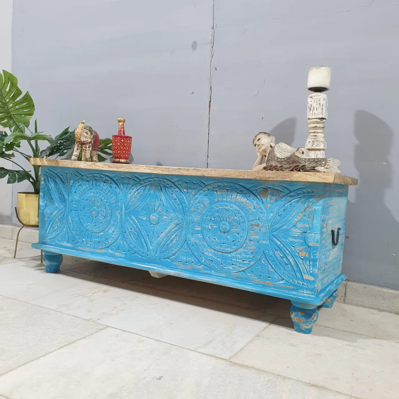 Indian Handmade Carved Wooden Trunk Blanket Box All Blue With Natural Top 115x40x45Cm