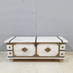 Indian Handmade Carved Wooden Trunk Blanket Box with Brass Fittings 115x40x45Cm