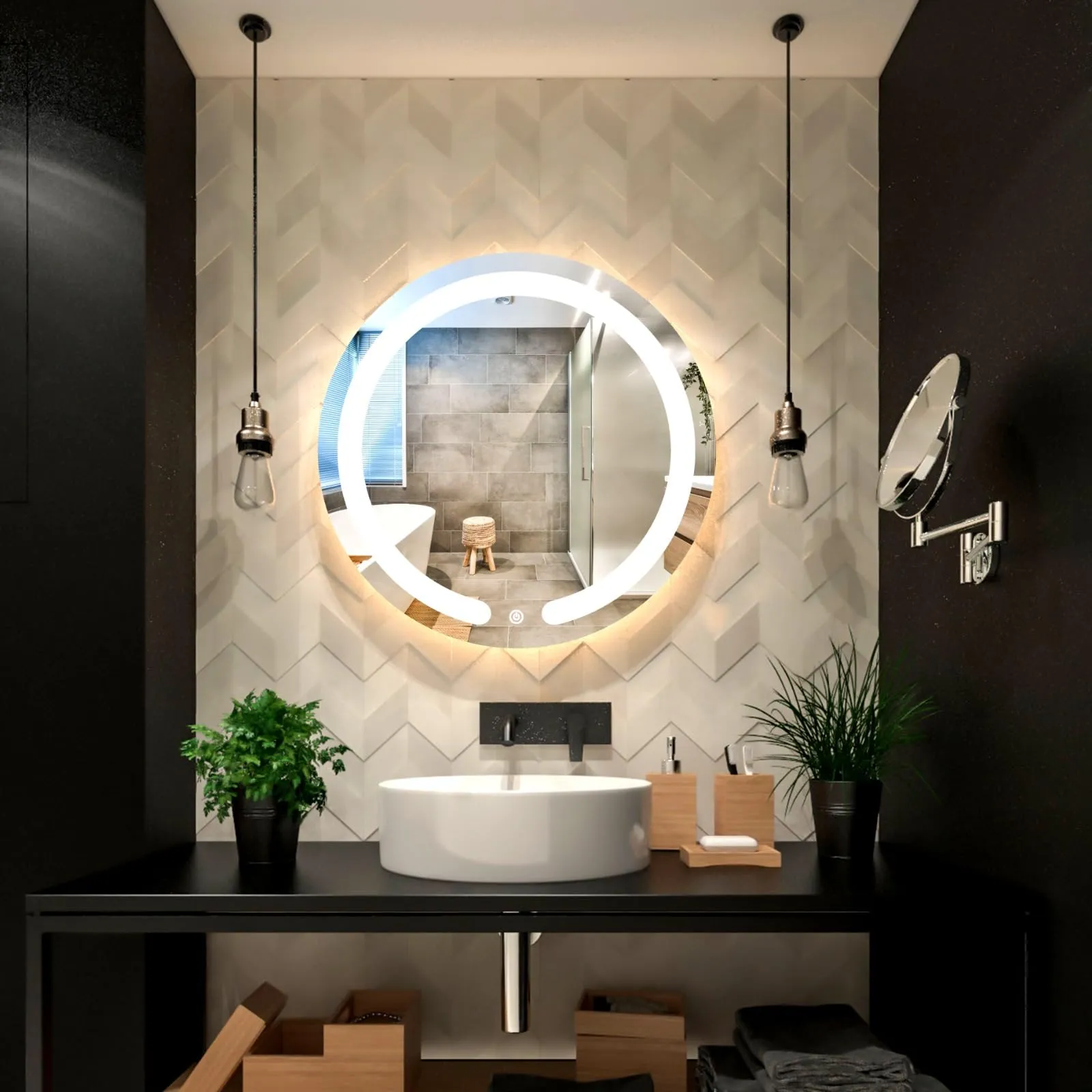 iSTAR Round Wall Mirror with Led Light Decorative Wash Basin Mirror 3 LED Lights (Warm, White, Natural White) Home Office Bedroom Wall Decor Bathroom (24X24 inch)