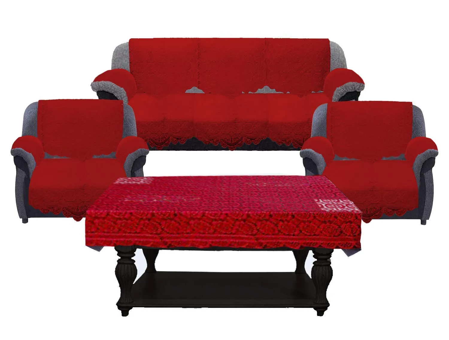 Kuber Industries Square Design Cotton Cotton Sofa Cover 3 Seater and 2 Seater|6 Piece Arms Cover Use Both Side|5 Seater Sofa Cover|Set of 17 (Maroon)