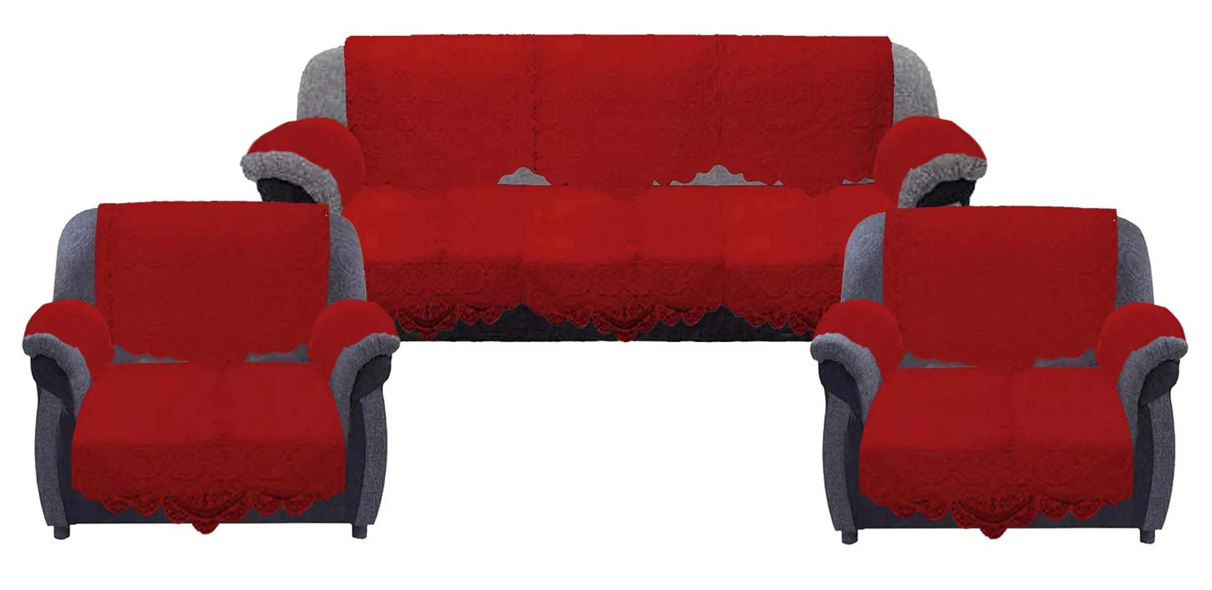 Kuber Industries Square Design Cotton Cotton Sofa Cover 3 Seater and 2 Seater|6 Piece Arms Cover Use Both Side|5 Seater Sofa Cover|Set of 17 (Maroon)