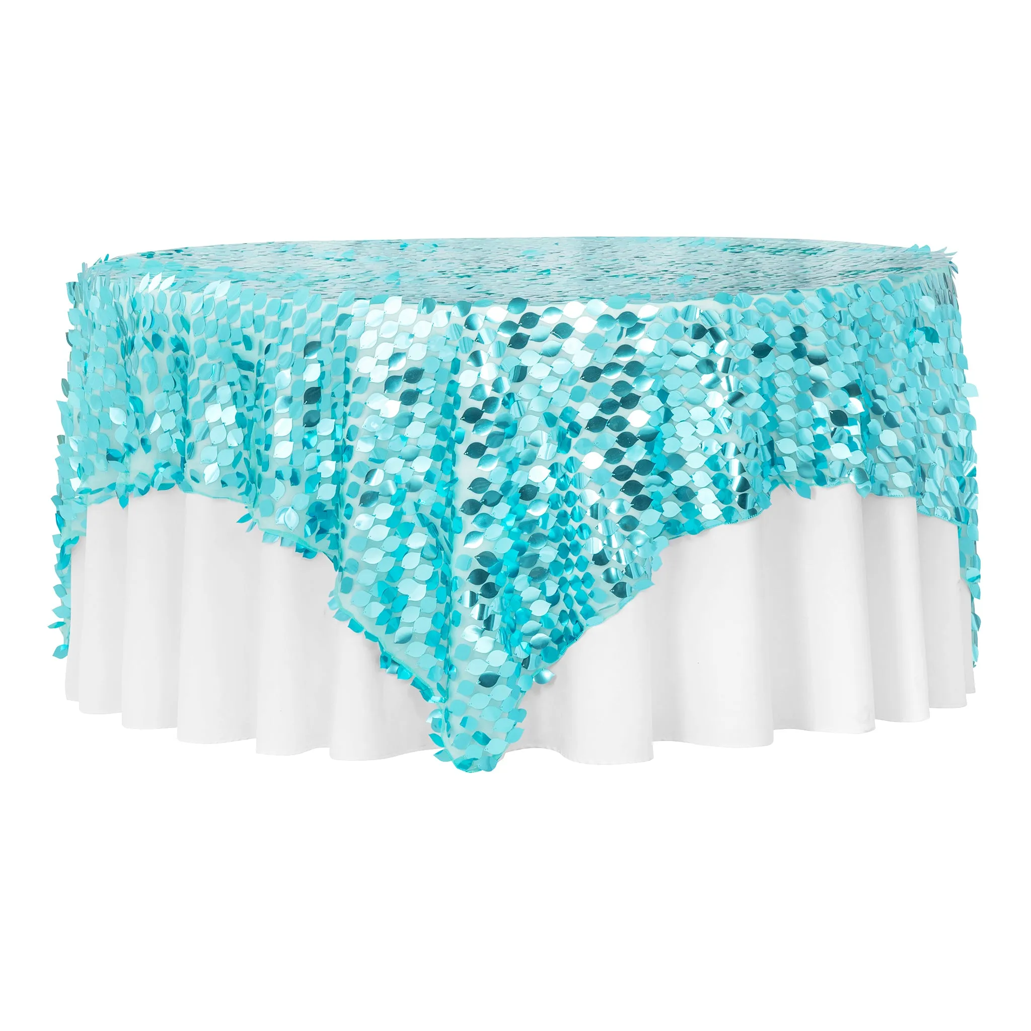 Leaf Payette Sequin Table Overlay Topper 90"x90" Square - Turquoise
