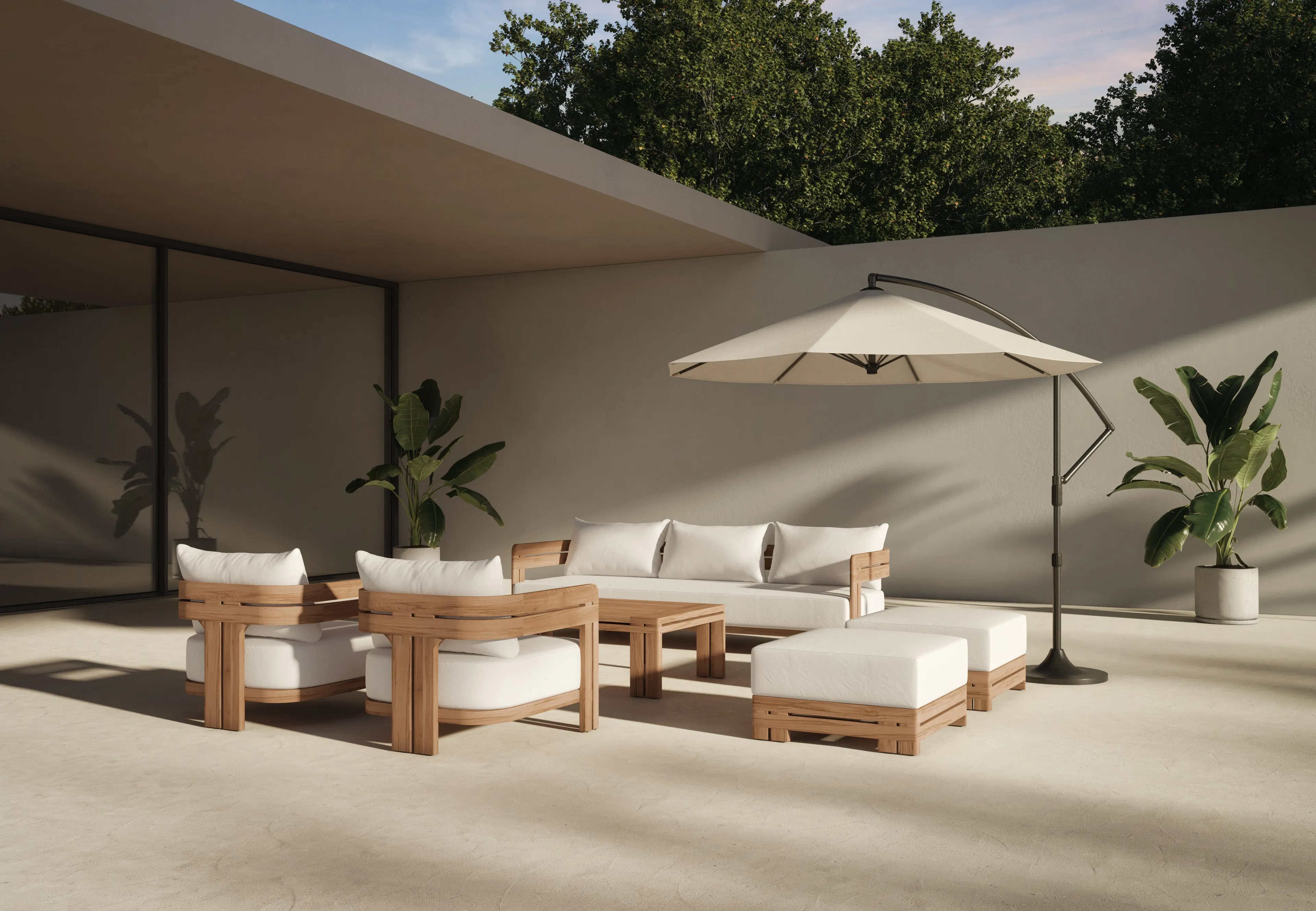 Lusso - Lusso Outdoor Sofa, Natural Teak with White Cushions