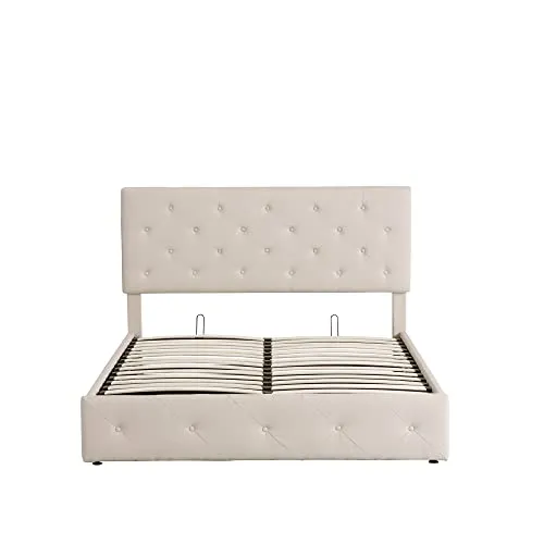 Merax Queen Size Upholstered Platform Bed with a Hydraulic Storage System - Beige