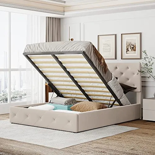 Merax Queen Size Upholstered Platform Bed with a Hydraulic Storage System - Beige