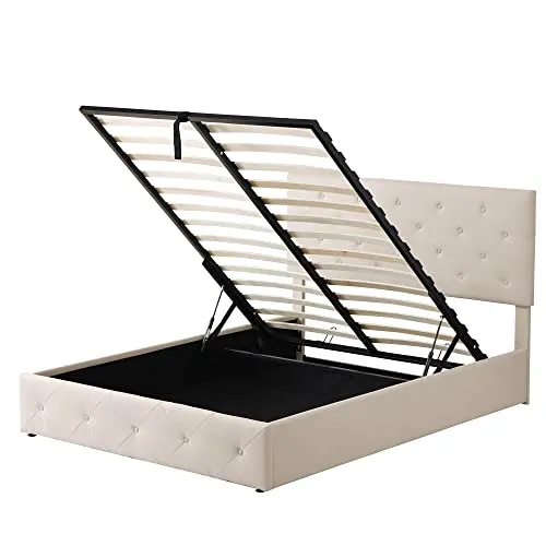 Merax Queen Size Upholstered Platform Bed with a Hydraulic Storage System - Beige