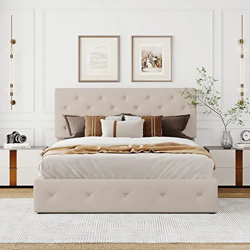 Merax Queen Size Upholstered Platform Bed with a Hydraulic Storage System - Beige
