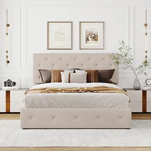 Merax Queen Size Upholstered Platform Bed with a Hydraulic Storage System - Beige