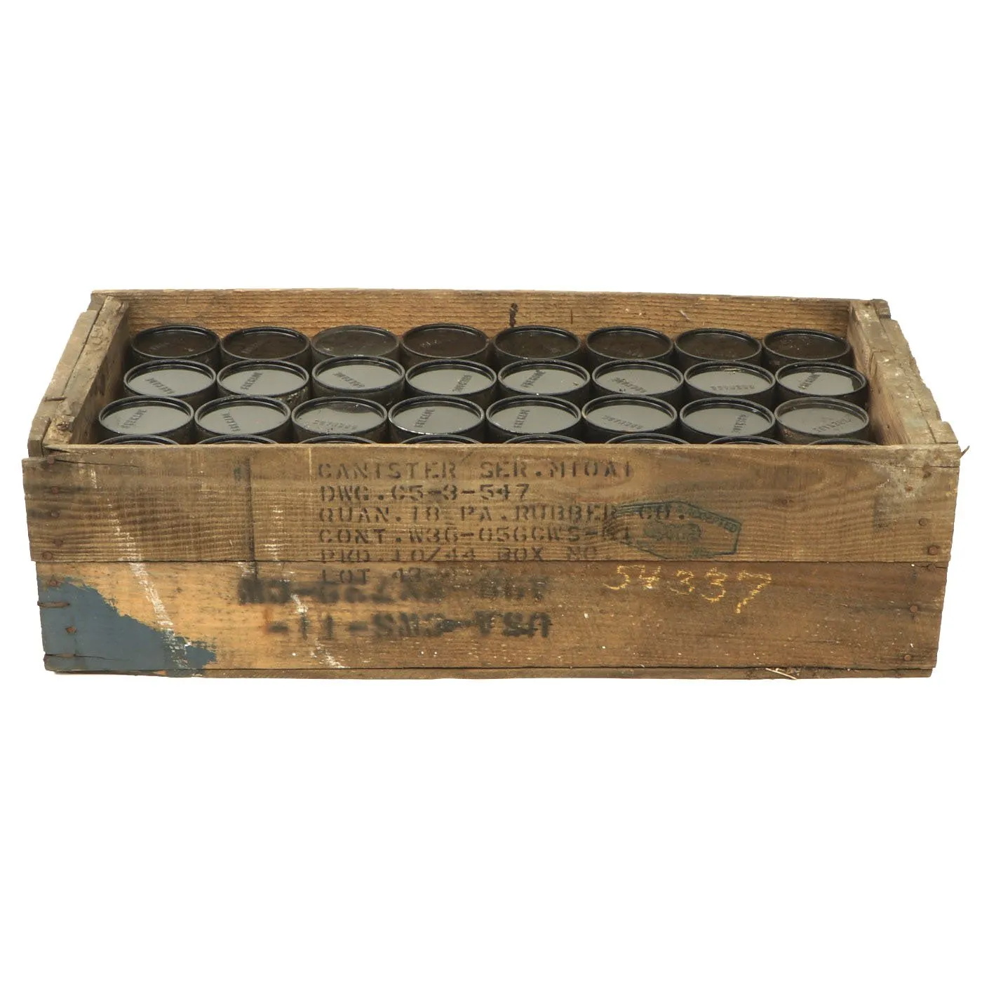 Original U.S. WWII Dated 32 Grenade Canisters in M10A1 Light Weight Service Mask Filter Transit Chest