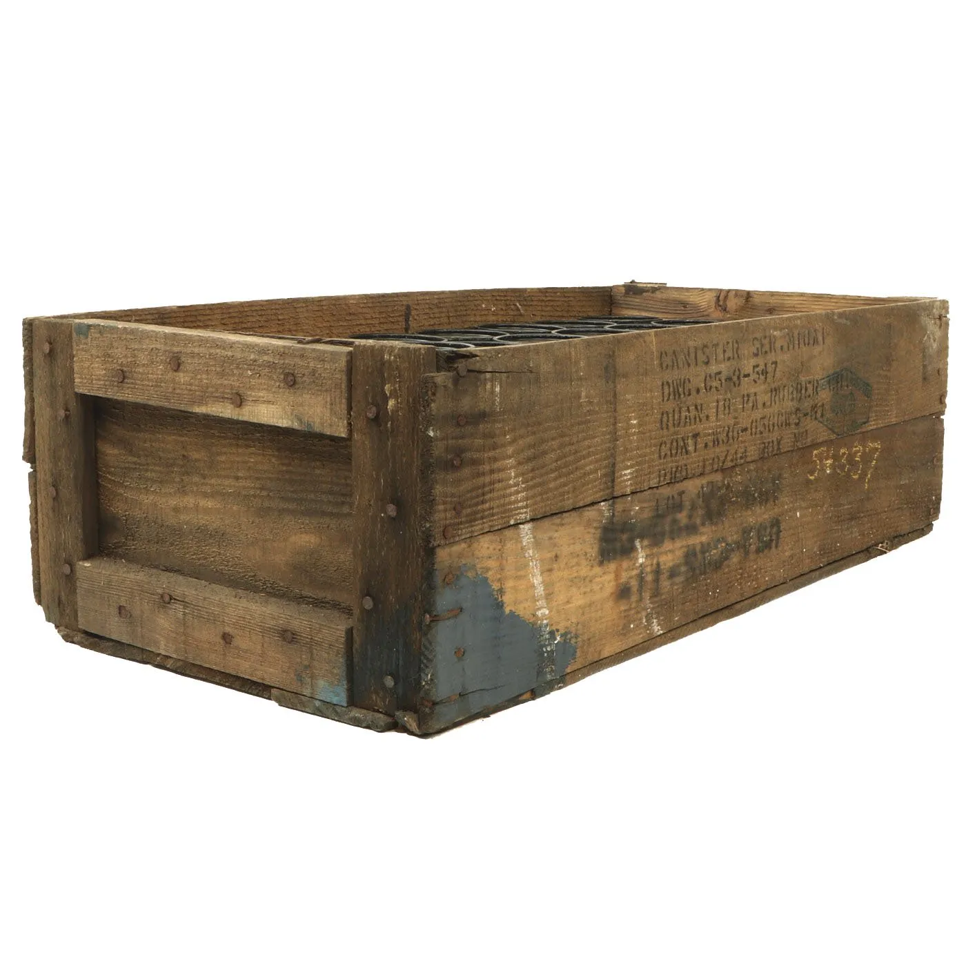 Original U.S. WWII Dated 32 Grenade Canisters in M10A1 Light Weight Service Mask Filter Transit Chest