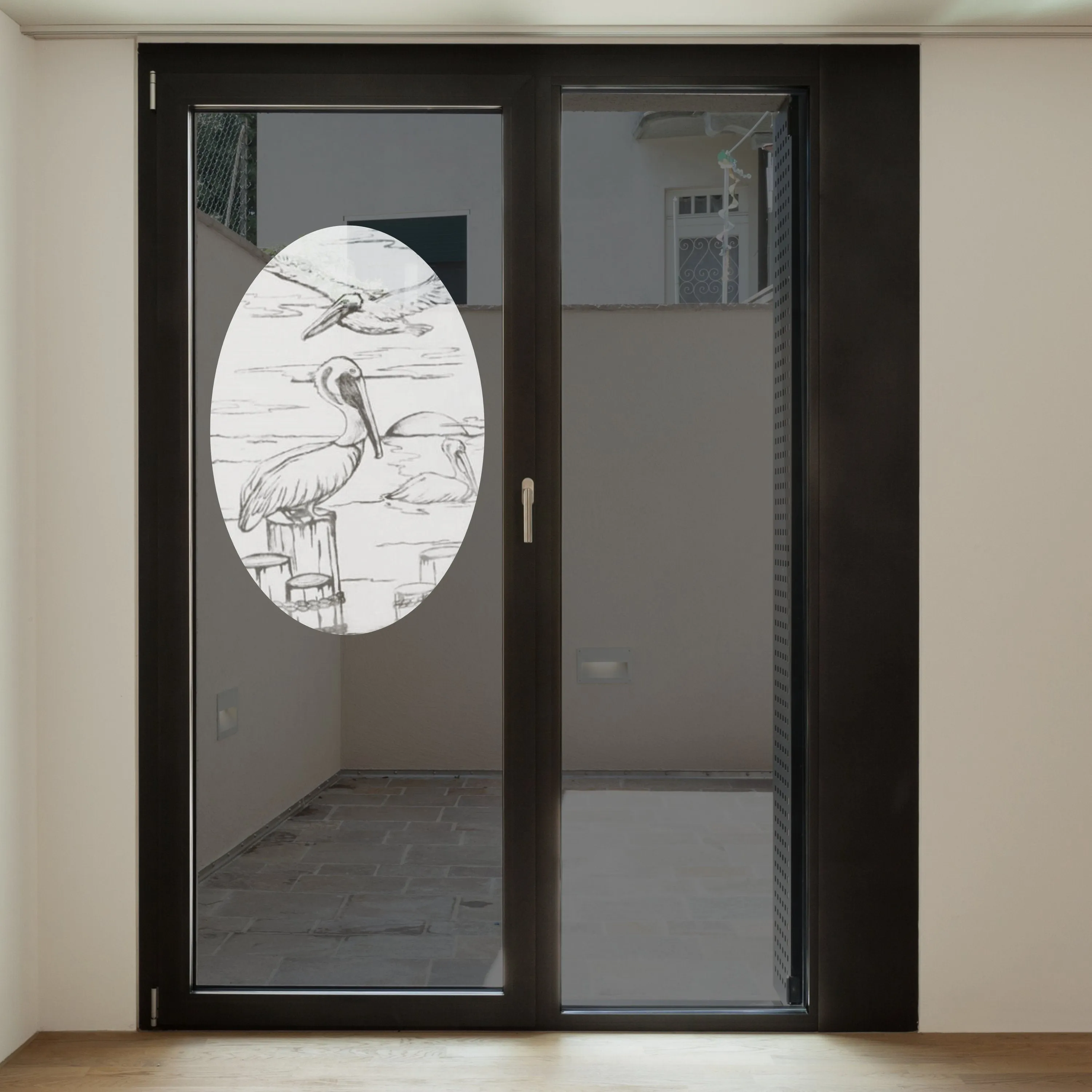 Oval Pelican Etched Glass Decals | (Static Cling)
