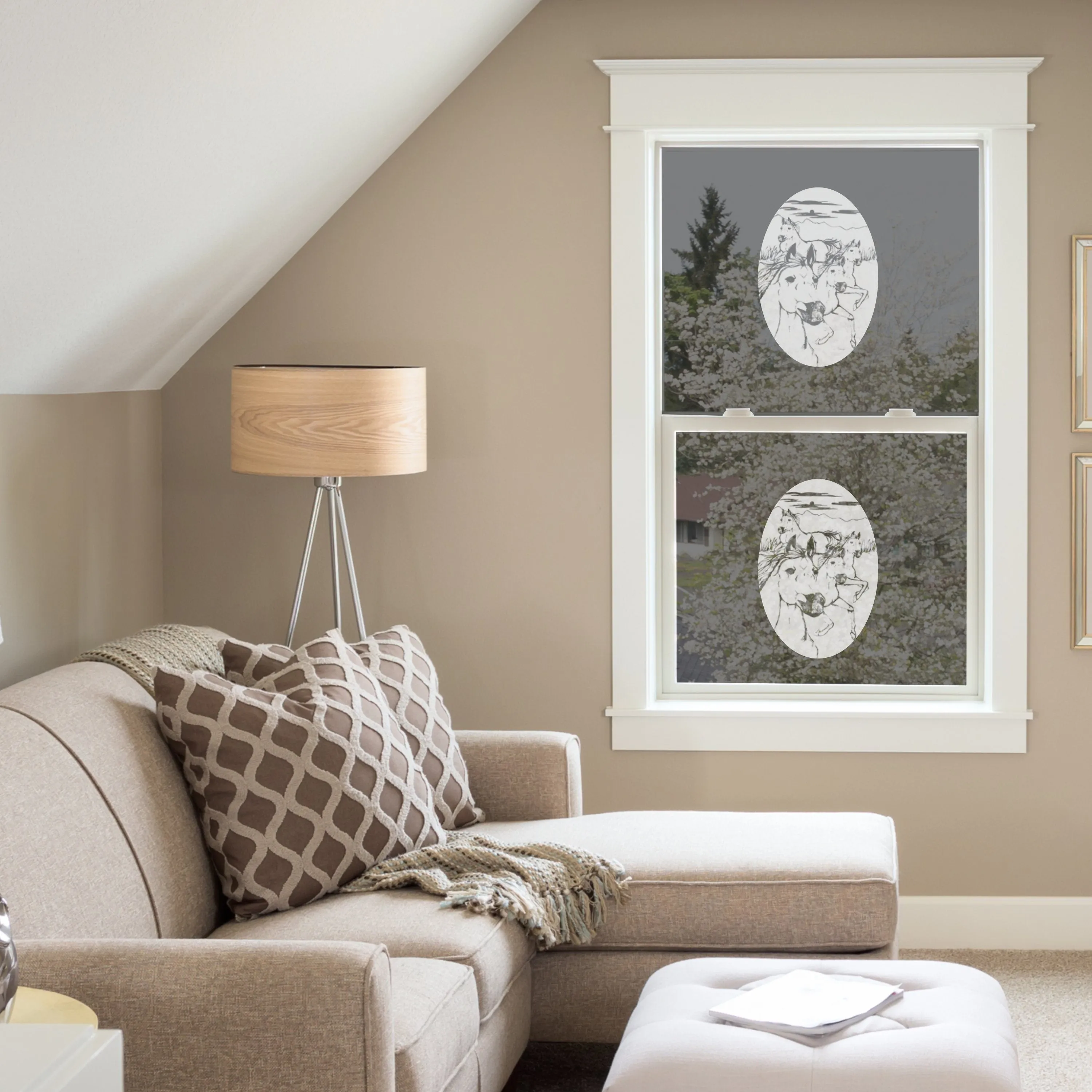 Oval Wild Horses Etched Decals - Static Cling Frosted Glass Sticker