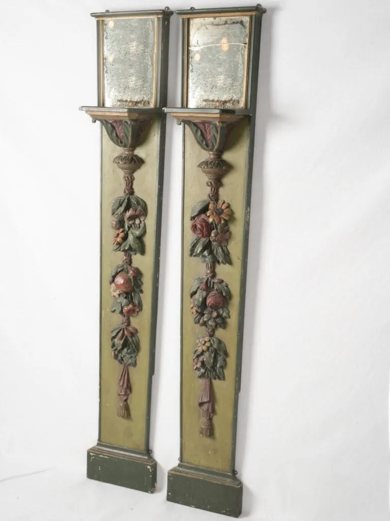 Pair of Antique 18th-century Italian wall boiserie reflectors w/ mirrored top shelf 64½"