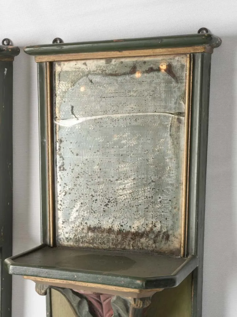 Pair of Antique 18th-century Italian wall boiserie reflectors w/ mirrored top shelf 64½"