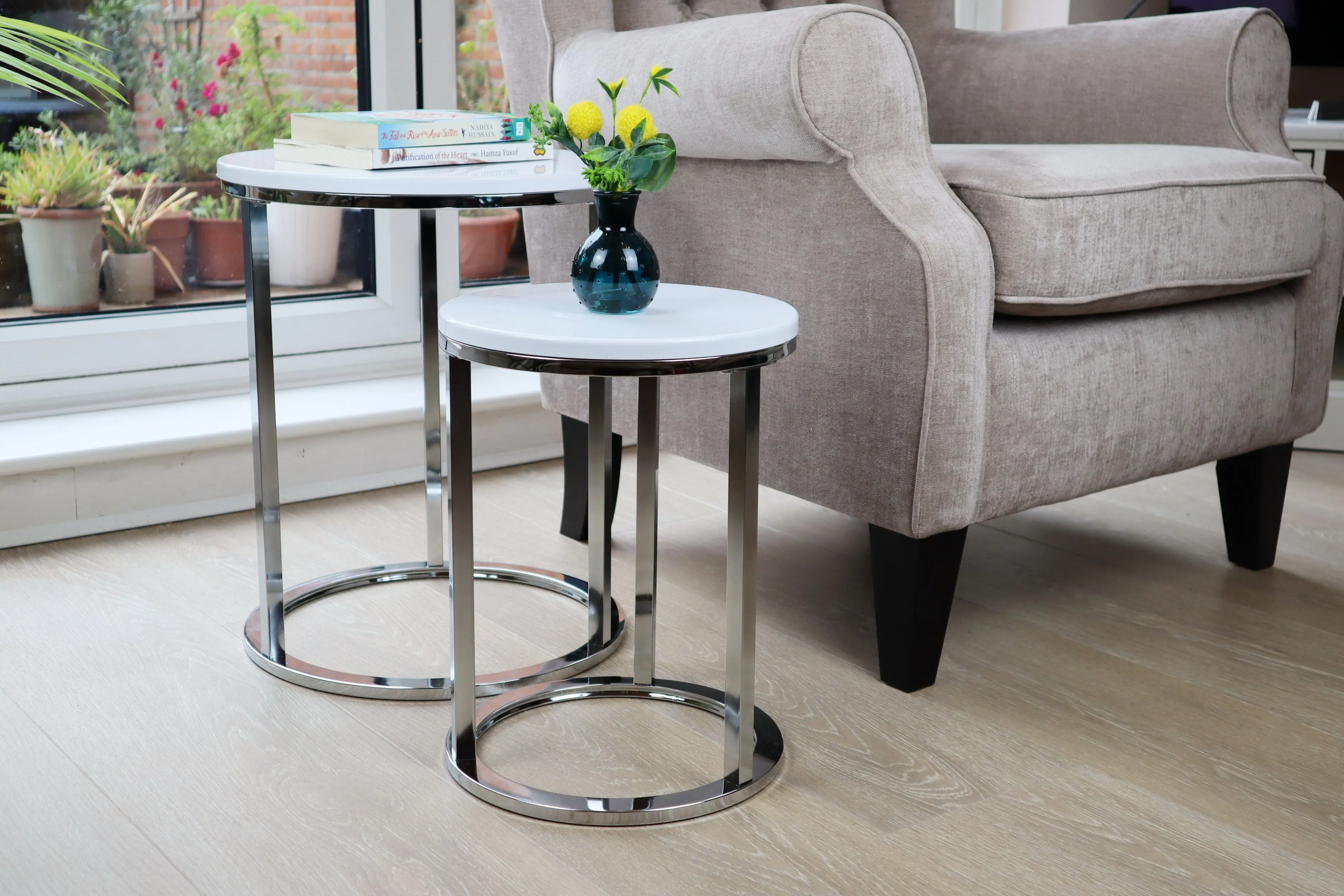 Paloma Set of 2 Round Nesting Tables, Glossy White Tops and Chrome Base