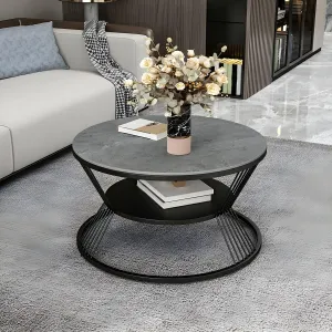 Right Choice Furnish Round Coffee Table Double Layer Marble Look, Wrought Iron Modren Storage Center Table for Living Room (Black Grey)