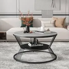 Right Choice Furnish Round Coffee Table Double Layer Marble Look, Wrought Iron Modren Storage Center Table for Living Room (Black Grey)