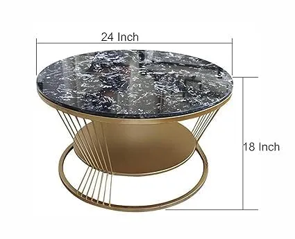 Right Choice Furnish Round Coffee Table Double Layer Marble Look, Wrought Iron Modren Storage Center Table for Living Room (Black Grey)