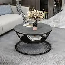 Right Choice Furnish Round Coffee Table Double Layer Marble Look, Wrought Iron Modren Storage Center Table for Living Room (Black Grey)