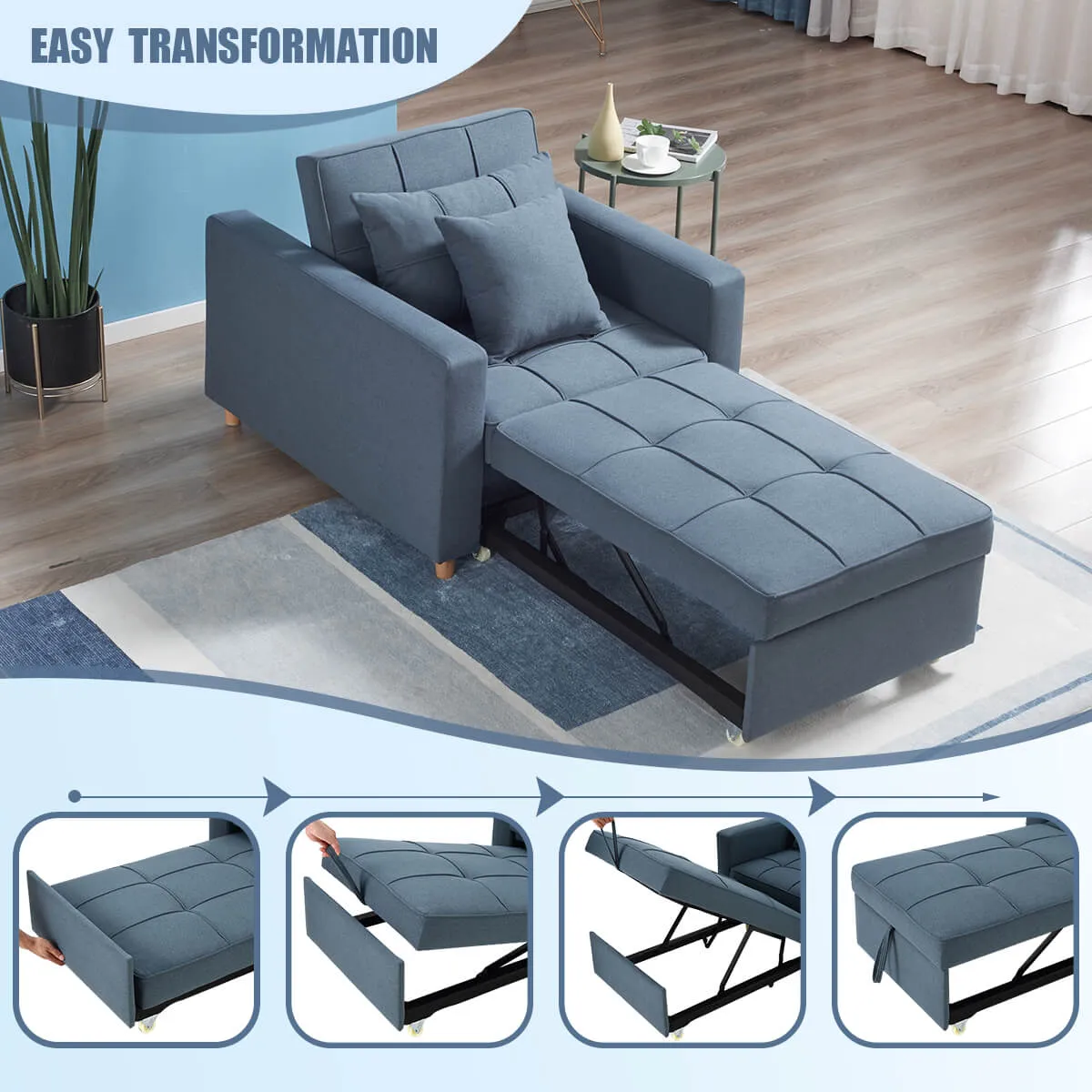 Set of 2 Sofa Bed 3-in-1 Convertible Chair Multi-Functional Adjustable Recliner, Sofa, Bed(Blue Gray)