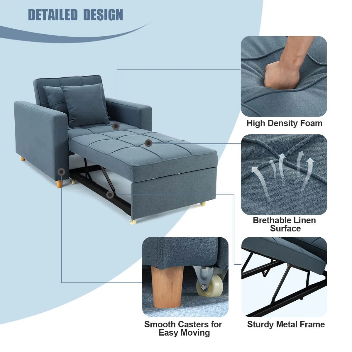 Set of 2 Sofa Bed 3-in-1 Convertible Chair Multi-Functional Adjustable Recliner, Sofa, Bed(Blue Gray)