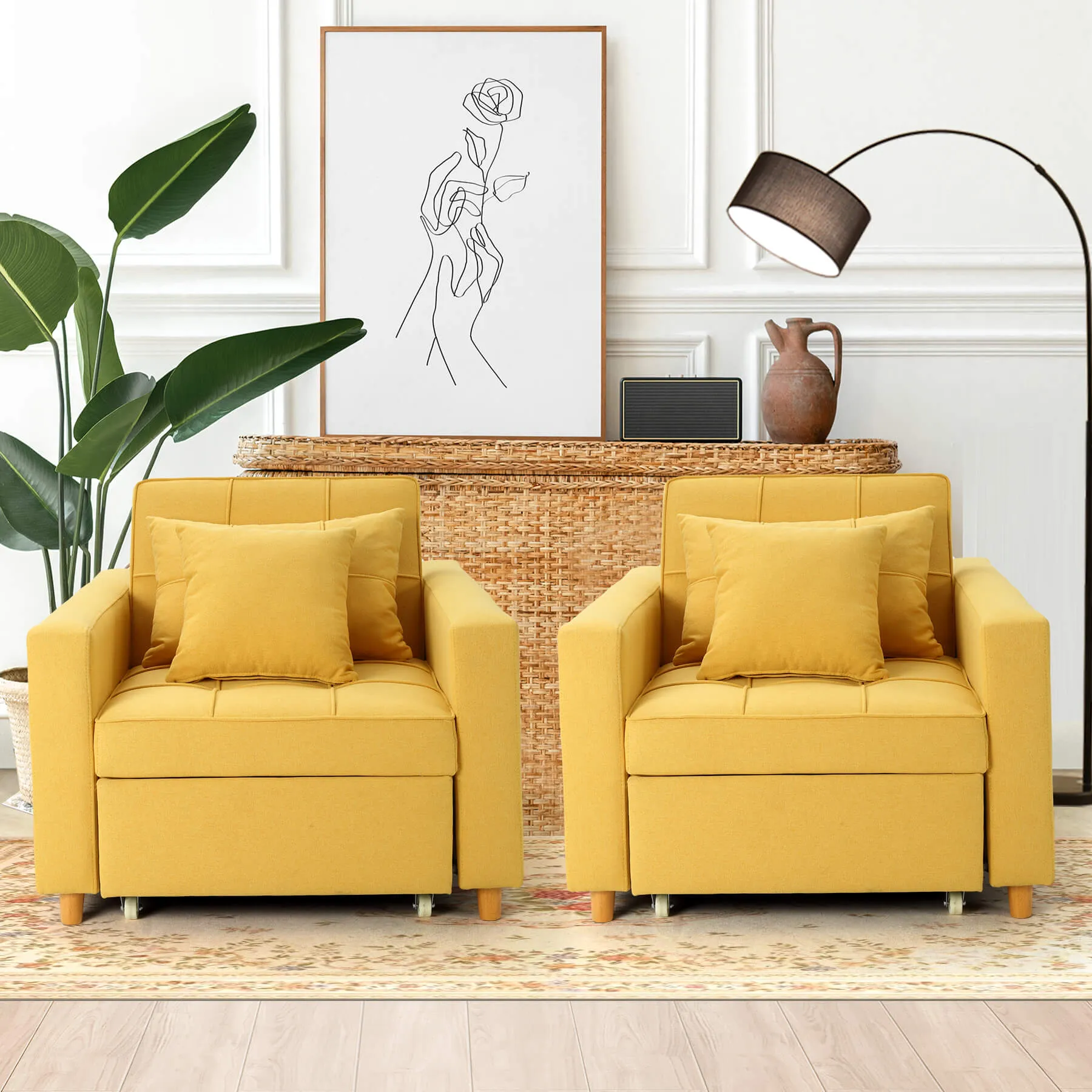 Set of 2 Sofa Bed 3-in-1 Convertible Chair Multi-Functional Adjustable Recliner, Sofa, Bed(Yellow)