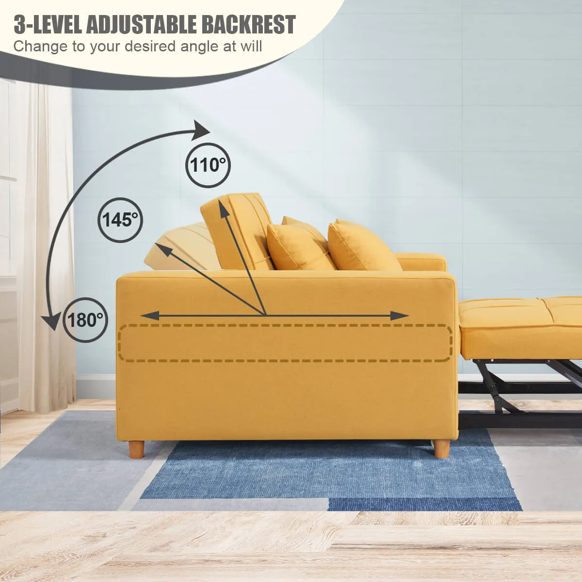 Set of 2 Sofa Bed 3-in-1 Convertible Chair Multi-Functional Adjustable Recliner, Sofa, Bed(Yellow)