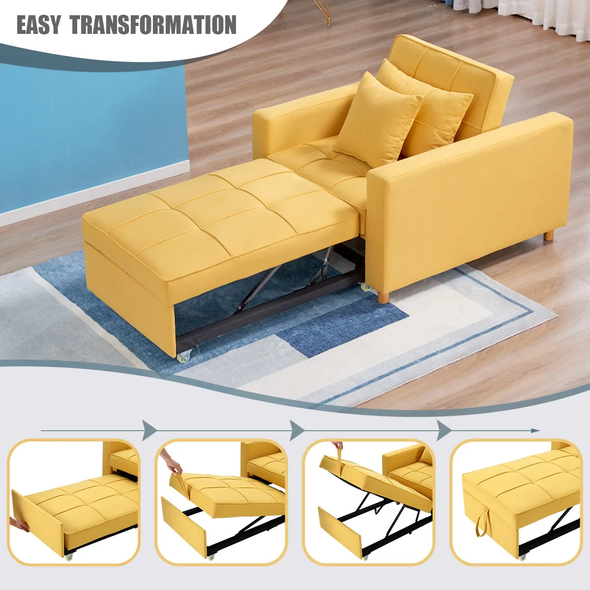 Set of 2 Sofa Bed 3-in-1 Convertible Chair Multi-Functional Adjustable Recliner, Sofa, Bed(Yellow)