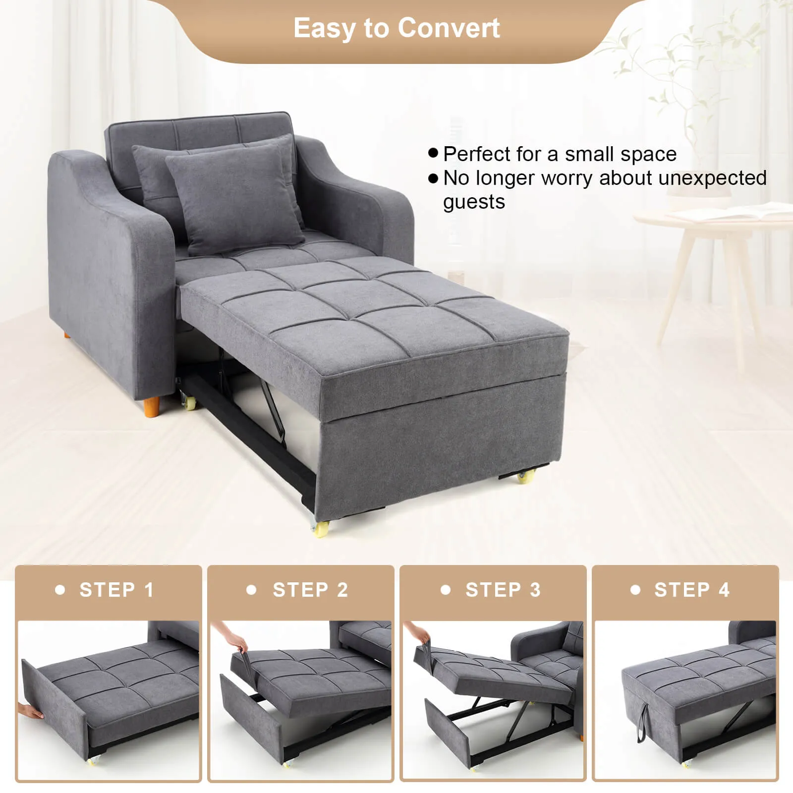 Set of 2 Sofa Bed 3-in-1 Convertible Chair Multi-Functional Sofa Bed (Dark Grey)
